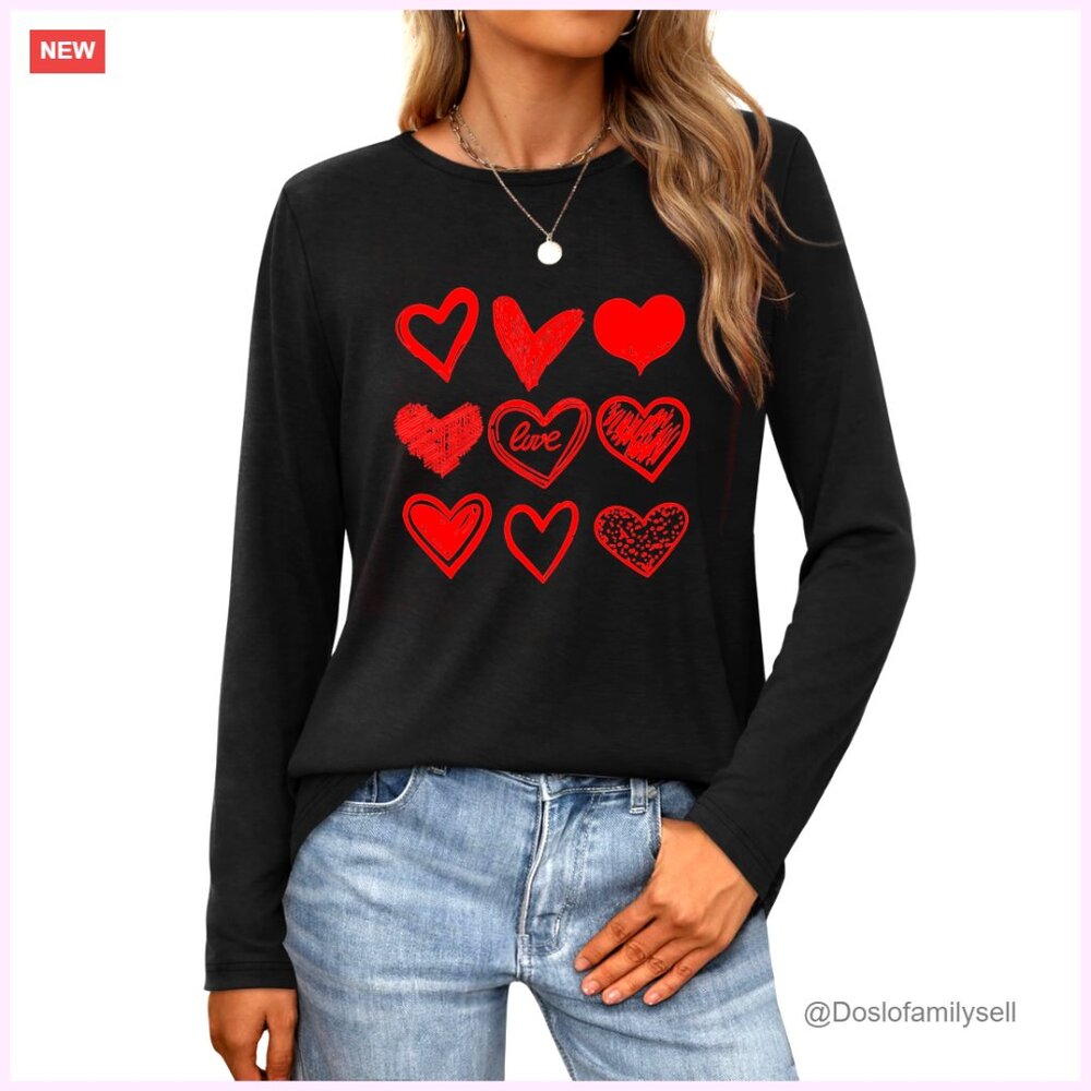 Long Sleeve Heart Print Tee Casual Valentine's Day Top Women's Graphic T-Shirt